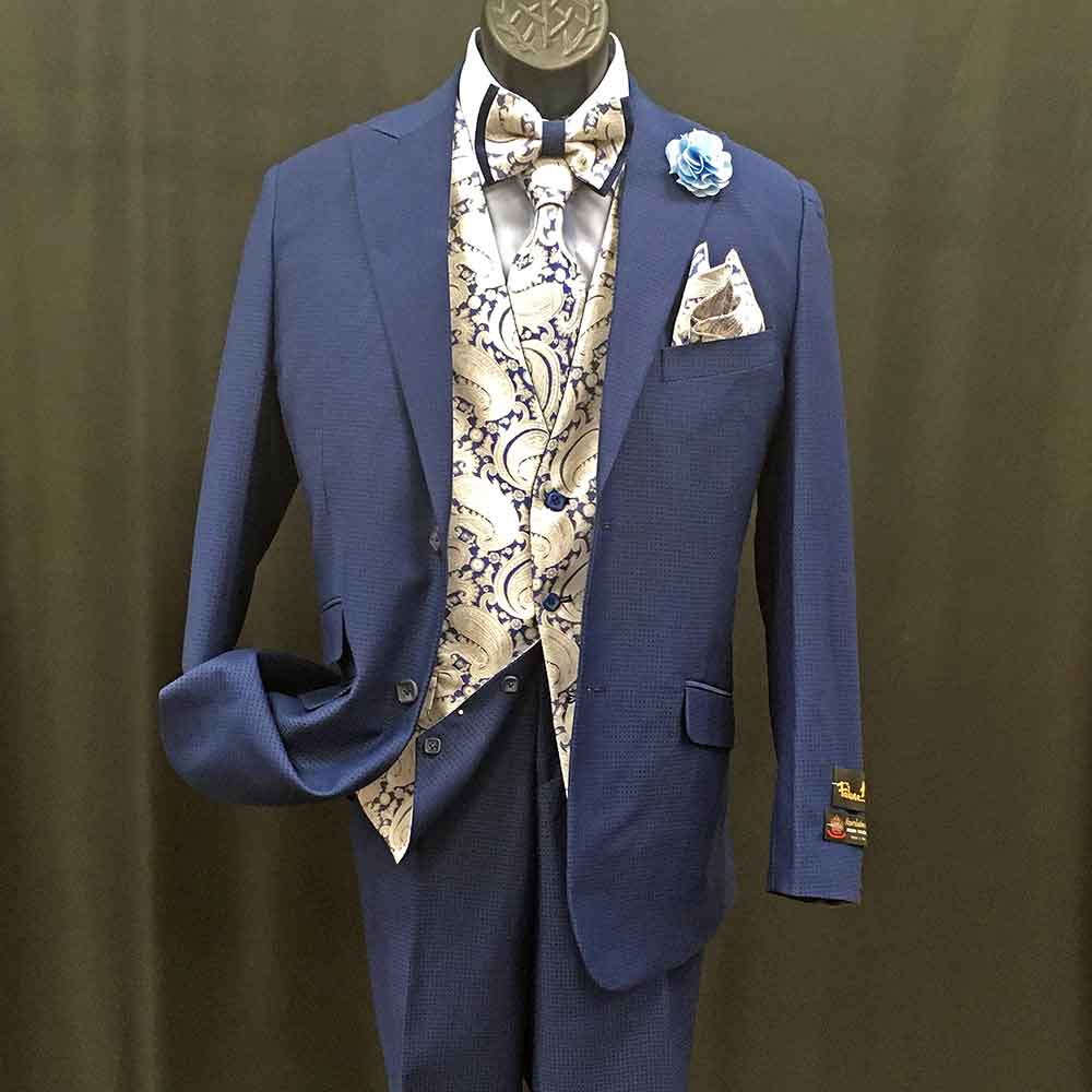 3-pc blue suit with light yellow vest