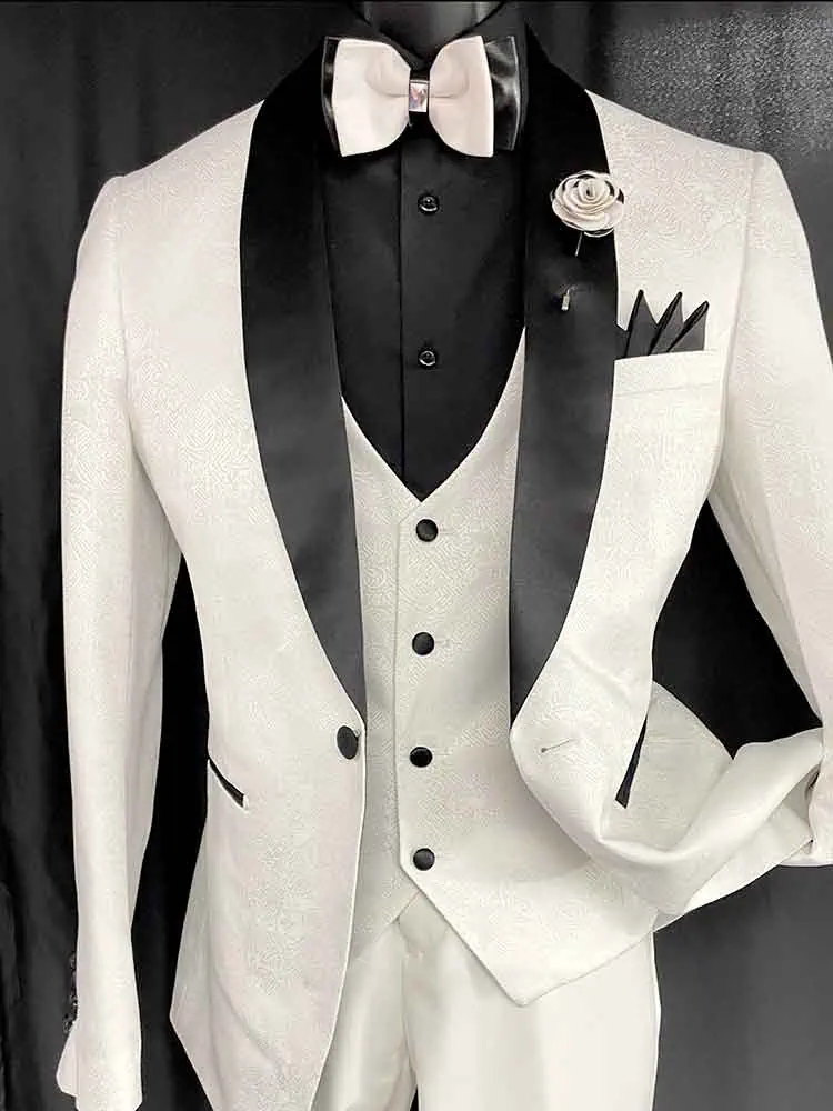 3-pc white suit with black lapel, white vest - Men In Style Orlando