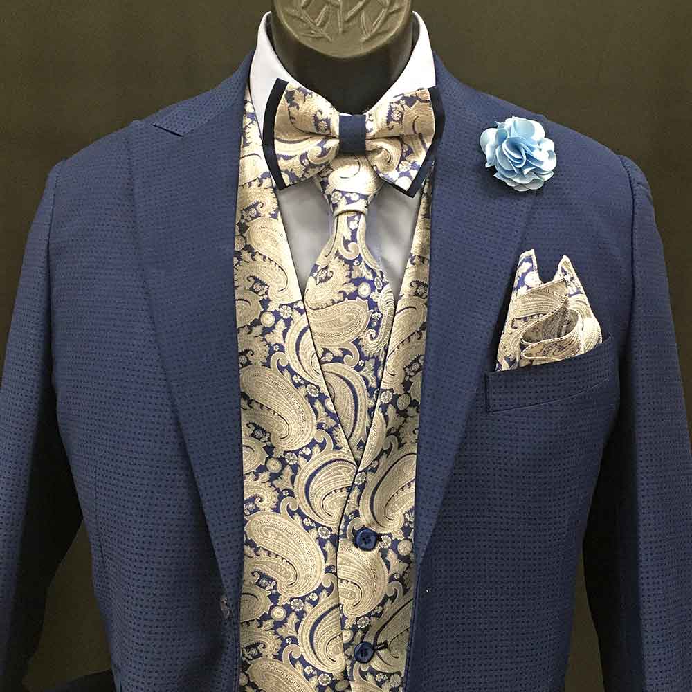 3-pc blue suit with light yellow vest