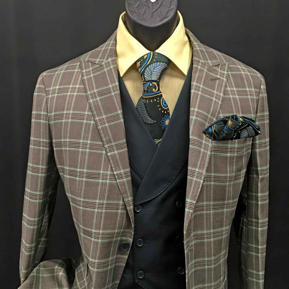 3-piece brown and green plaid suit with black vest