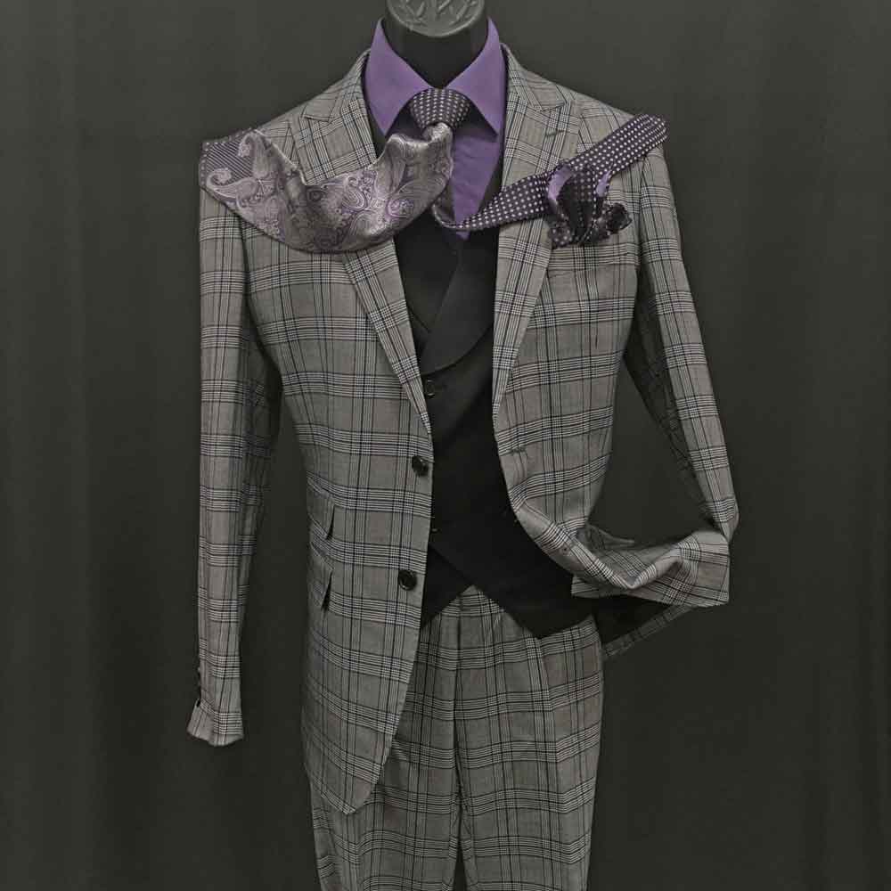 3-piece gray plaid suit with black vest