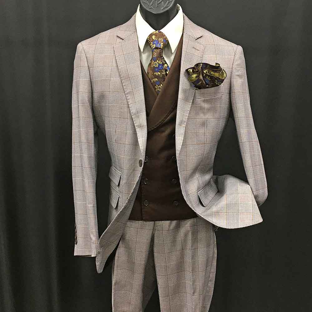 3-pc tan plaid suit with brown double-breast vest