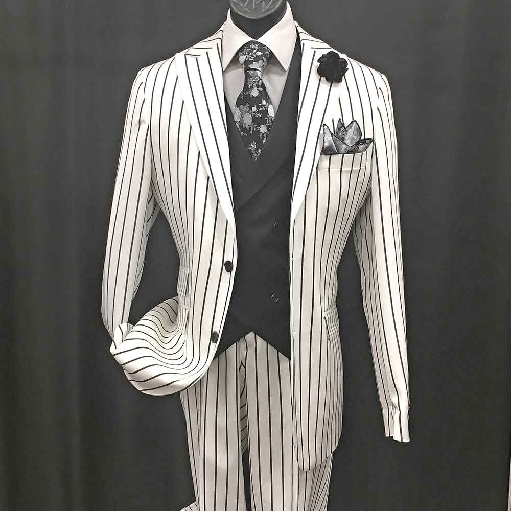 3-pc white suit with black stripes