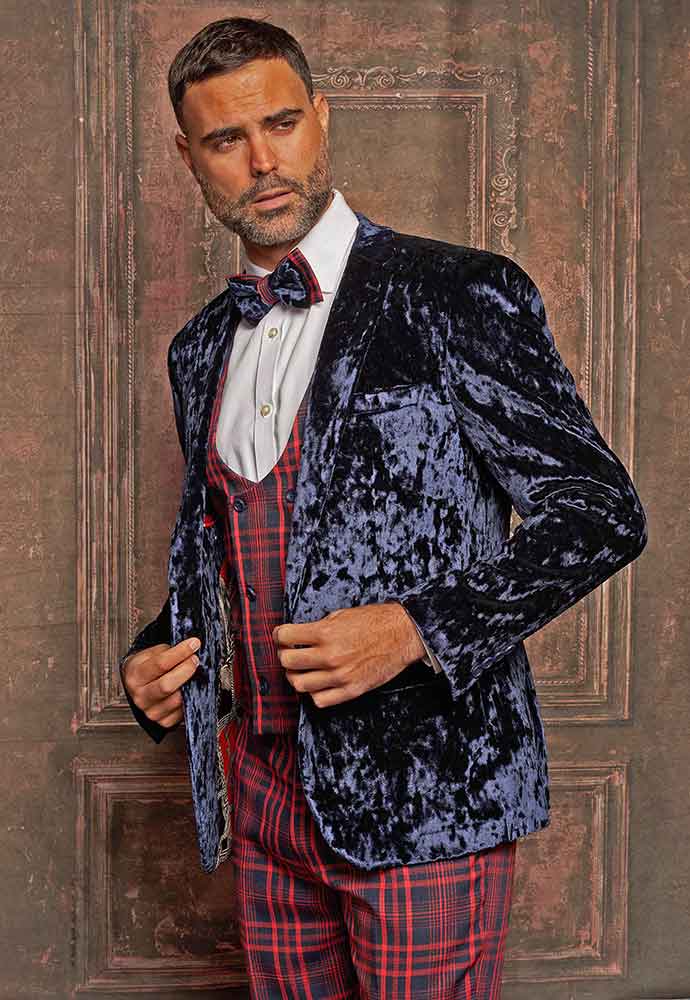Blue Velvet Jacket-red plaid vest-pants