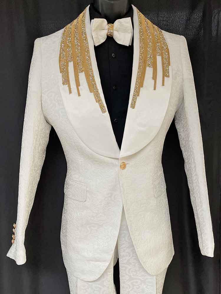 2-pc white suit with gold lapels - Also comes in Black - Men In Style Orlando