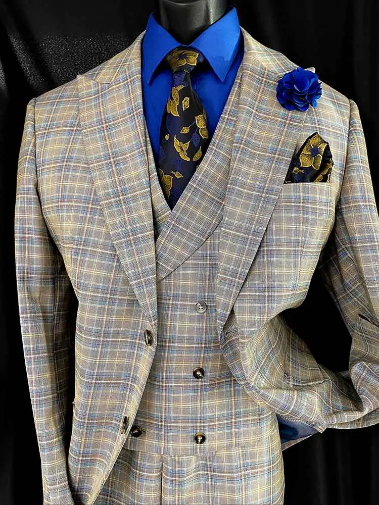 3-pc Beige suit with blue plaid - Men In Style Orlando