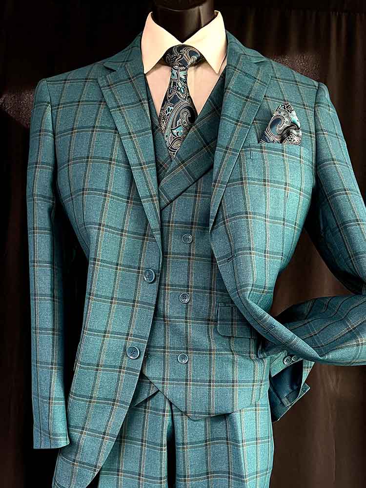 3-pc suit green plaid - Men In Style Orlando