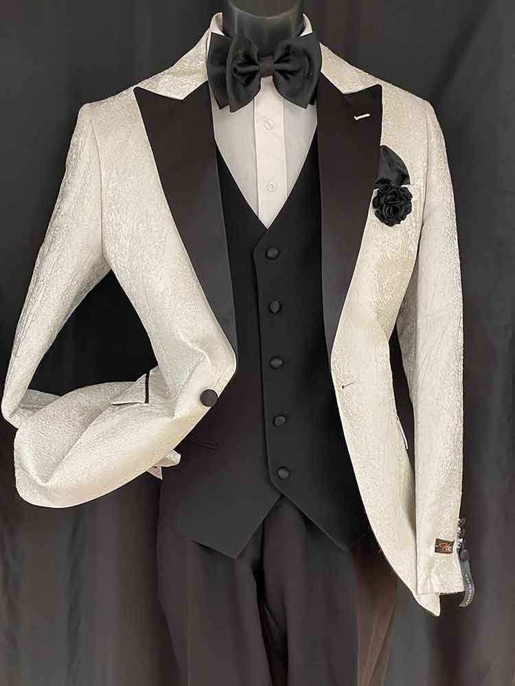 3-pc white pattern suit with black lapel - Men In Style Orlando