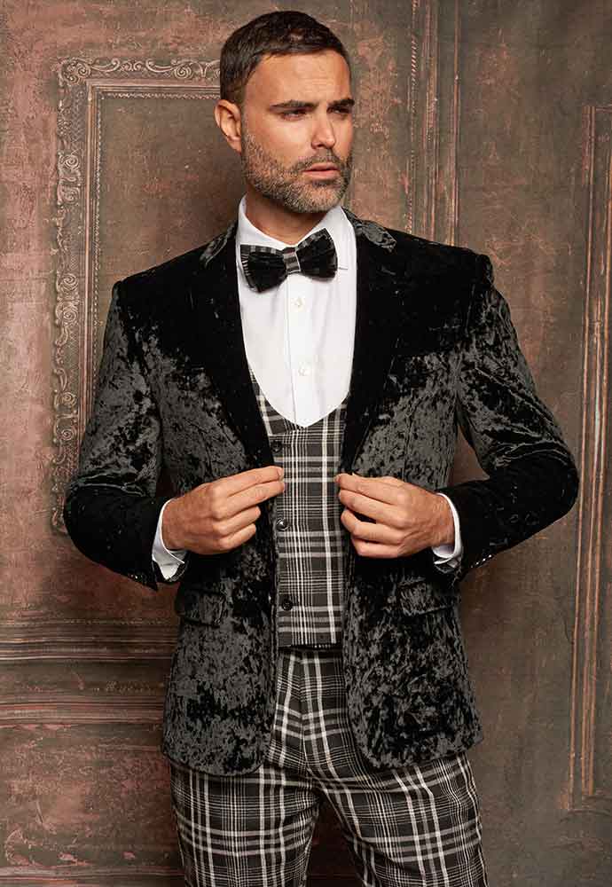 Black Velvet Jacket-black and white plaid vest-pants