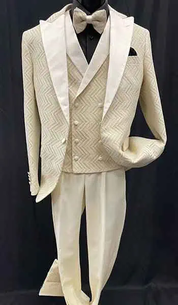 3-piece ivory suit with texture, black shirt