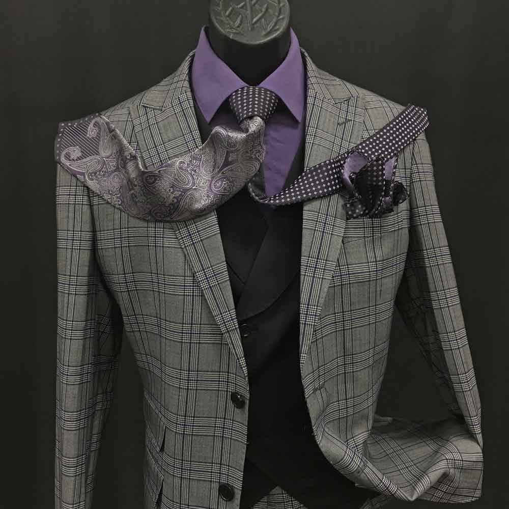 3-piece gray plaid suit with black vest