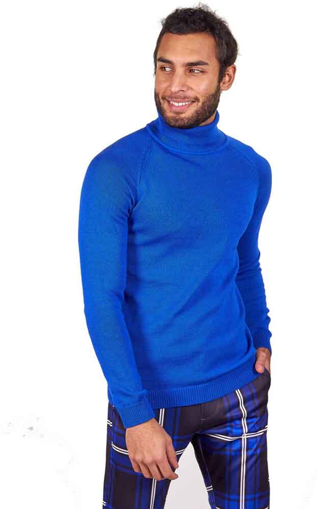 blue turtleneck and plaid pants