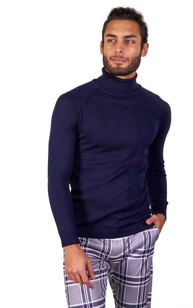 Navy turtleneck and plaid pants