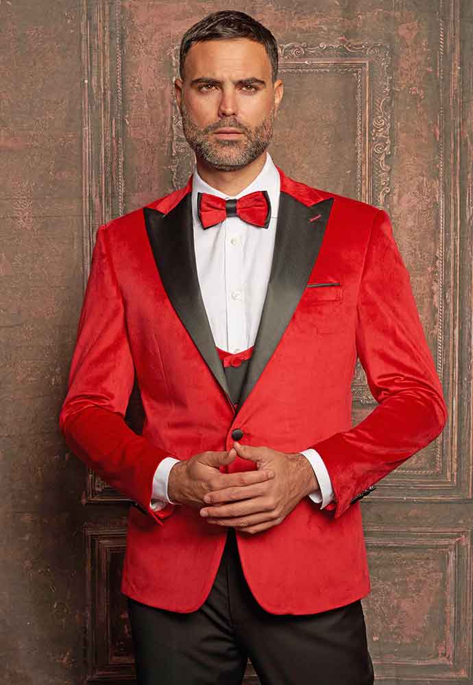 Red velvet jacket-black lapel-black vest-pants