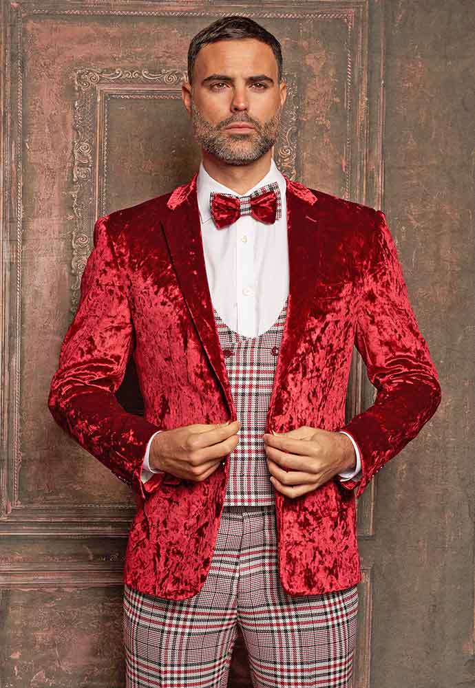 Red velvet jacket-black-red-plaid vest-pants