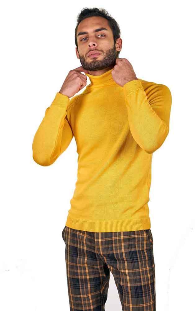 yellow turtleneck and plaid pants
