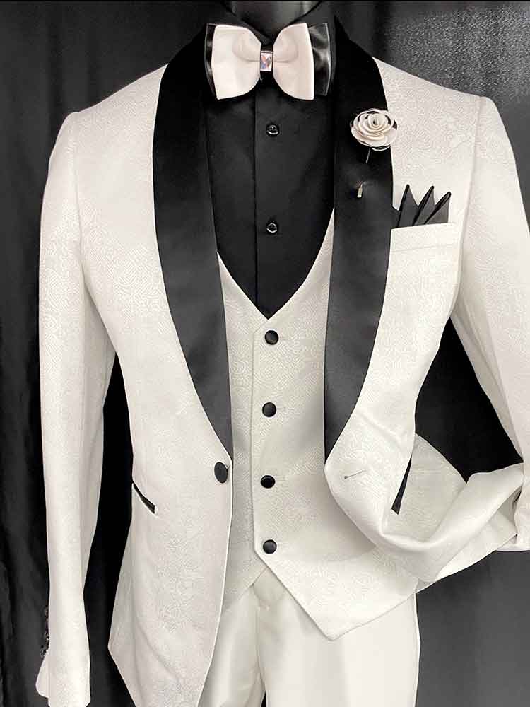 3-pc white suit with black lapel, white vest - Men In Style Orlando